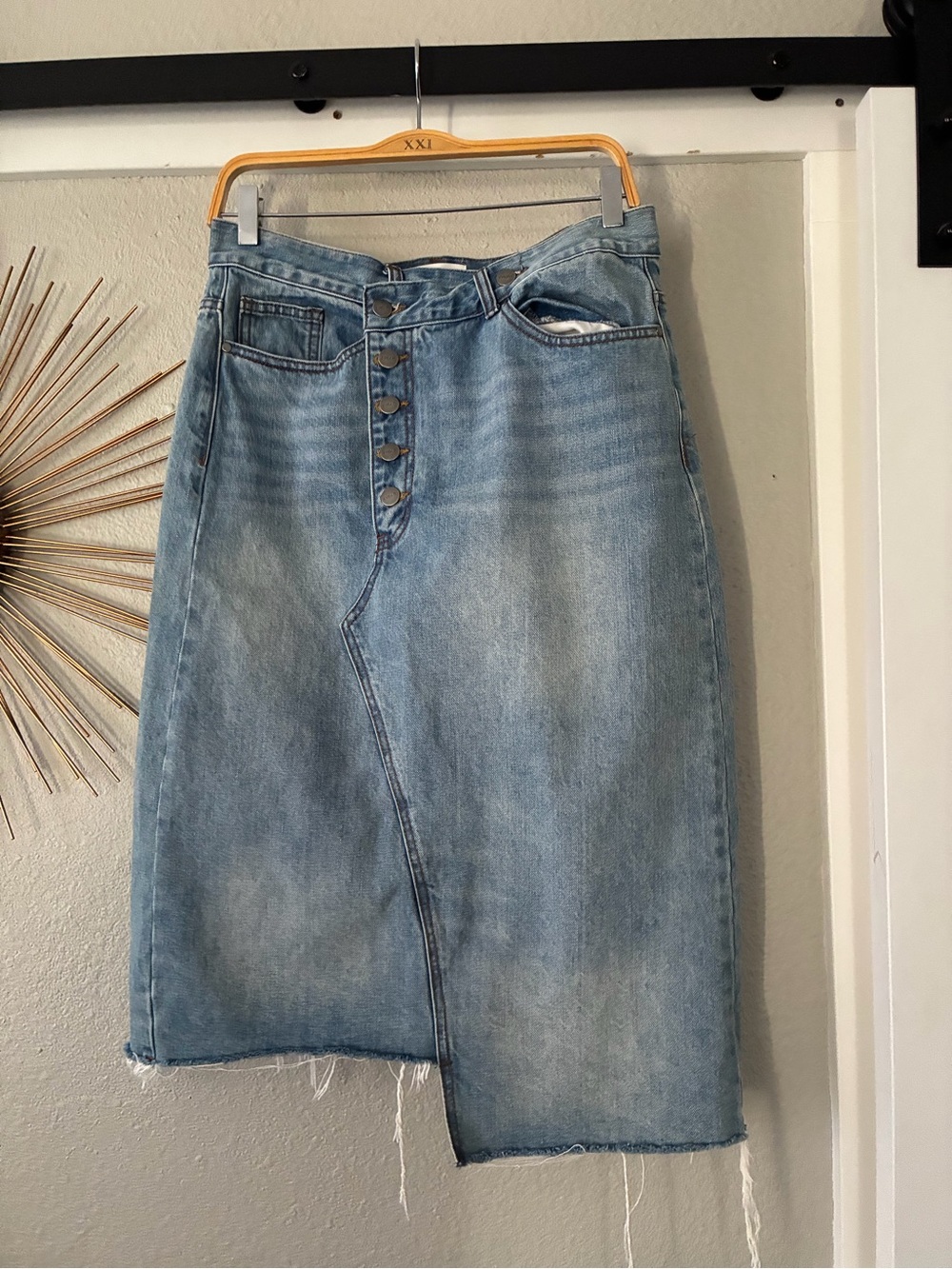 Light Wash Denim Midi Skirt with Button Front